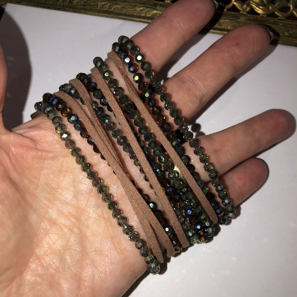 Leather & Crystal Cuff Wide Bracelet Brown Leather Green AB Crystal Multi Strand - Picture 4 of 12